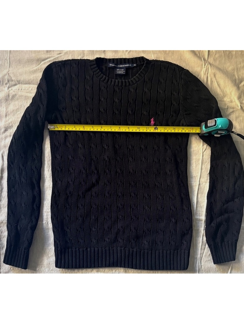 Preppy Black Ralph Lauren Sport Cable Knit Sweater with Pink Polo Logo, Size M